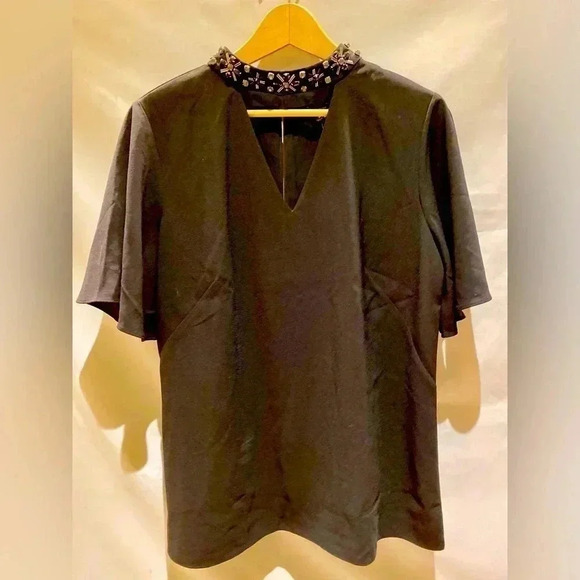 Ann Taylor Black Jewel Neck Blouse, 12, NWT - Picture 1 of 9